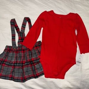Red Bodysuit and Plaid Overall Skirt Set